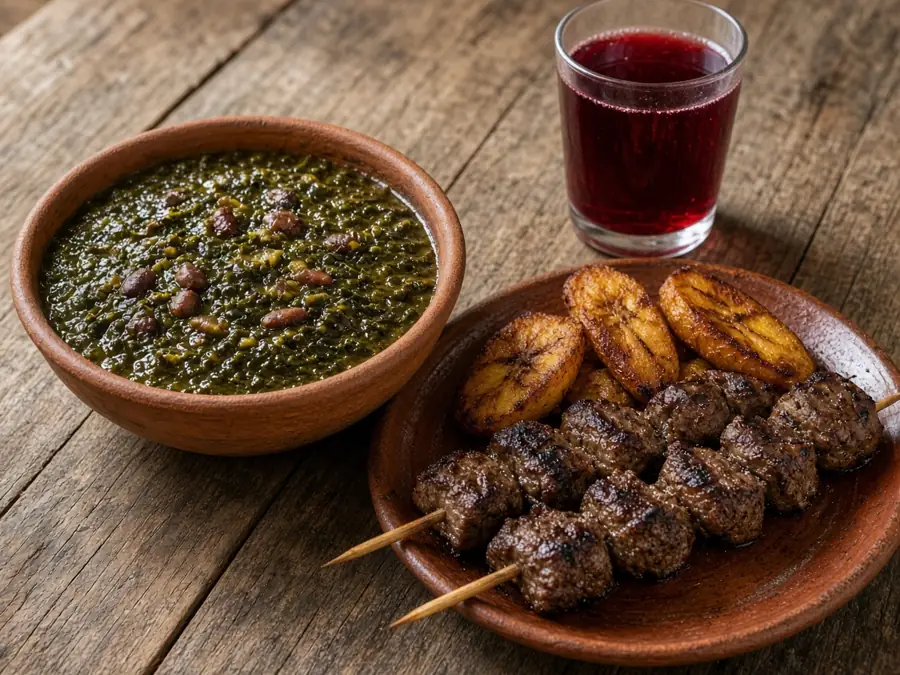 Brochettes et saka-saka : 4 brochettes de bœuf, bananes, saka-saka