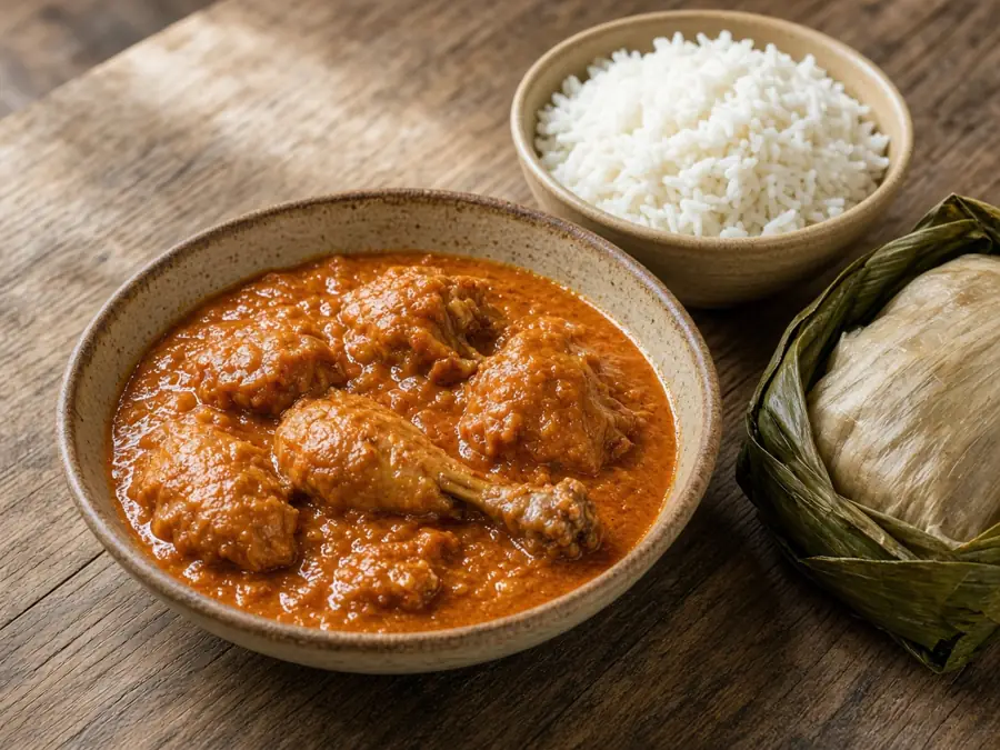 Poulet à la moambé : Sauce noix de palme, riz blanc ou chikwangue