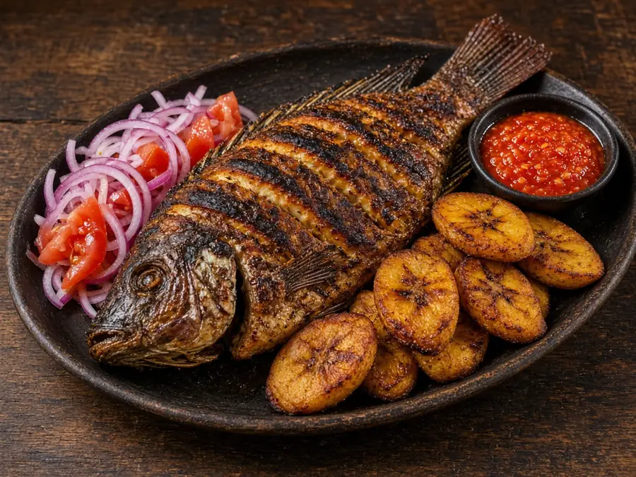 Poisson braisé : Tilapia entier, bananes plantains frites, pili-pili maison